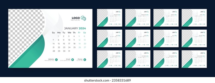 Desk Calendar Template 2024. Calendar 2024 planner corporate template design set. template for annual calendar 2024. Week starts on Sunday. 