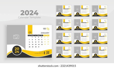 Plantilla de calendario de escritorio 2024. La semana empieza el domingo. Calendario de escritorio minimalista 2024 plantilla, planificador, vector de plantilla de negocio