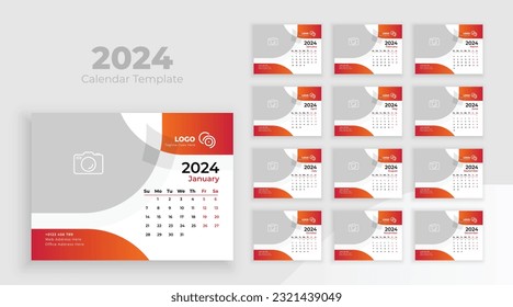 Desk Calendar Template 2024. Week starts from Sunday, Minimalist desk calendar 2024 template, planner, Business template vector