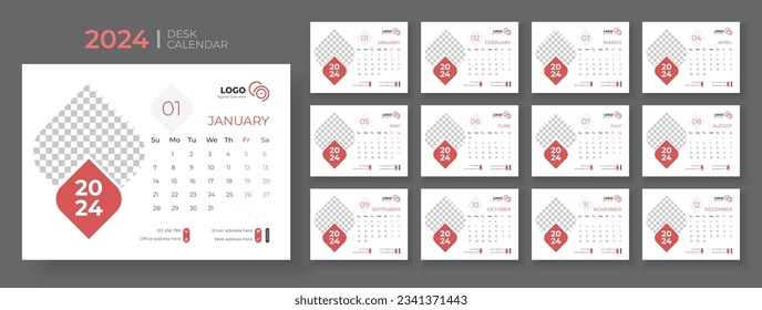 Desk calendar template 2024, Week Starts on sunday, Office Calendar 2024, template for annual calendar 2024