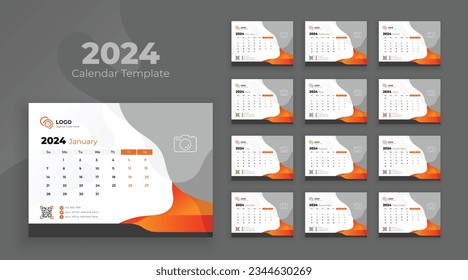 Desk Calendar Template 2024. Week start on Sunday. Minimalist desk calendar 2024 template, planner, Business template vector