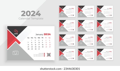 Desk Calendar Template 2024. Week start on Sunday. Minimalist desk calendar 2024 template, planner, Business template vector