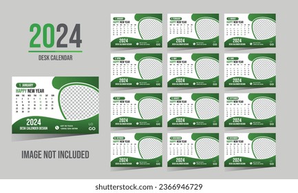 Desk Calendar template for 2024 year. Set of 12 months. 2024. Week starts on monday.Print ready editable calender. Planner design.