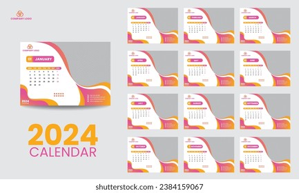 Desk Calendar template for 2024 year. Set of 12 months, 2024. Week starts on Monday. Print ready editable calendar.
