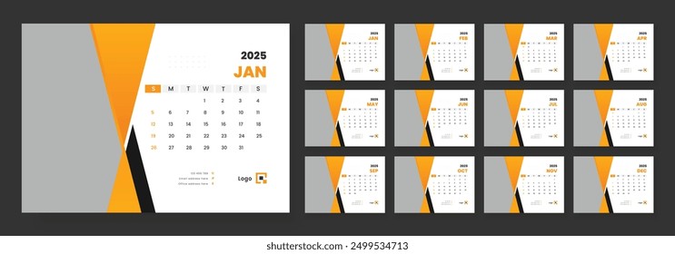 Desk calendar template 2025, corporate desk calendar schedule 2025 monthly planner template, week starts on sunday.