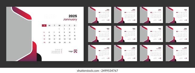 Desk calendar template 2025, corporate desk calendar schedule 2025 monthly planner template, week starts on sunday.