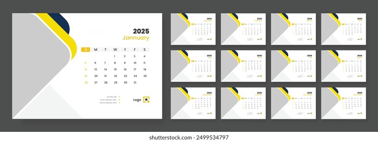 Desk calendar template 2025, corporate desk calendar schedule 2025 monthly planner template, week starts on sunday.