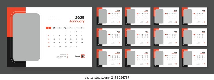 Desk calendar template 2025, corporate desk calendar schedule 2025 monthly planner template, week starts on sunday.