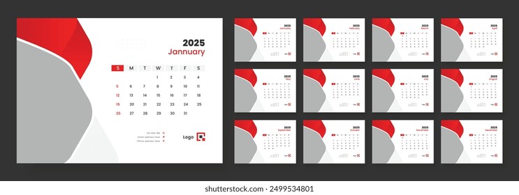 Desk calendar template 2025, corporate desk calendar schedule 2025 monthly planner template, week starts on sunday.