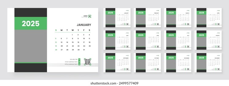 Desk Calendar Template 2025, Calendar 2025 corporate template design set, 12 months included