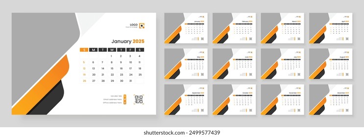 Desk Calendar Plantilla 2025, Calendario 2025 conjunto de diseño de Plantilla corporativa, 12 meses incluido