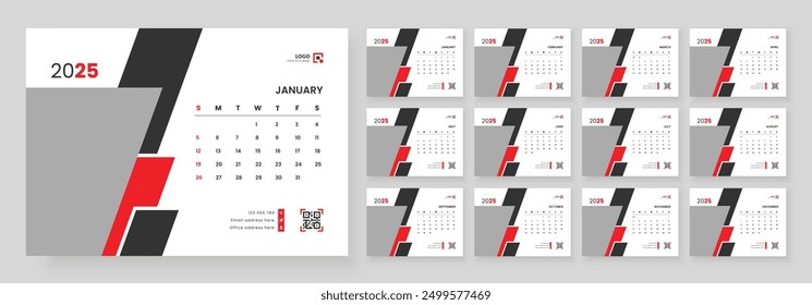 Desk Calendar Template 2025, Calendar 2025 corporate template design set, 12 months included