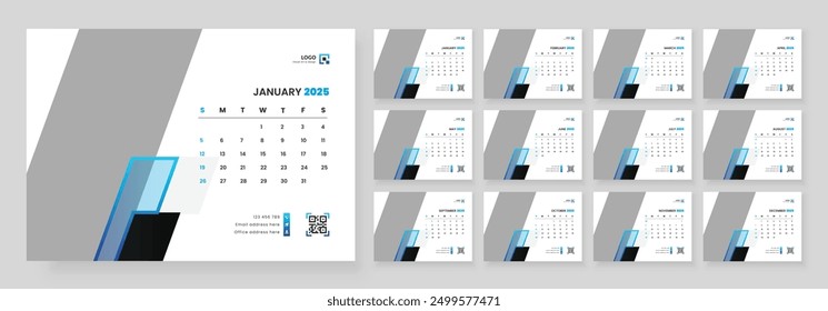 Desk Calendar Template 2025, Calendar 2025 corporate template design set, 12 months included