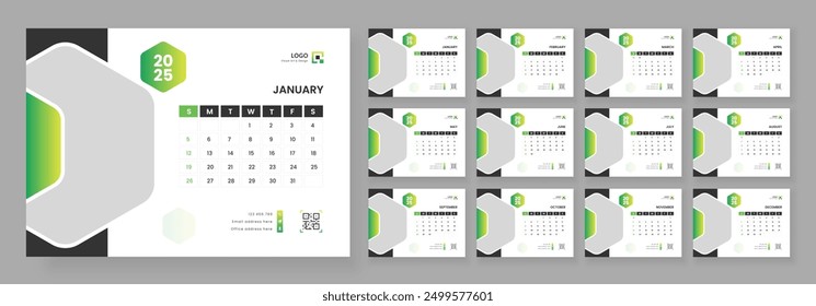 Desk Calendar Template 2025, Calendar 2025 corporate template design set, 12 months included