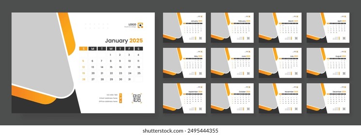 Desk Calendar Template 2025, New Year 2025 table calendar, Minimalist desk calendar 2025 template. Week start on Sunday.