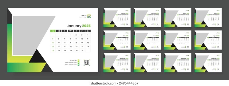 Desk Calendar Template 2025, New Year 2025 table calendar, Minimalist desk calendar 2025 template. Week start on Sunday.