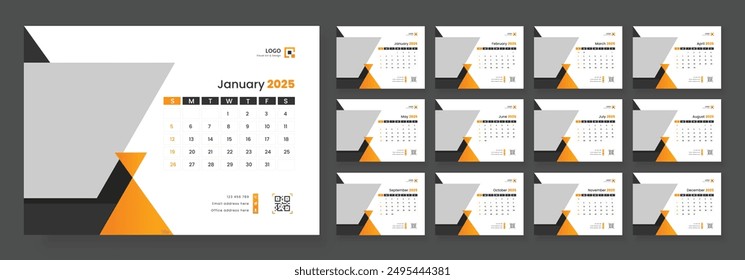 Desk Calendar Template 2025, New Year 2025 table calendar, Minimalist desk calendar 2025 template. Week start on Sunday.