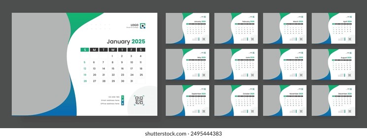 Desk Calendar Template 2025, New Year 2025 table calendar, Minimalist desk calendar 2025 template.