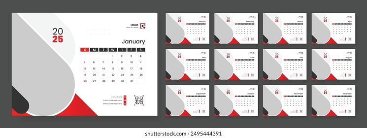 Desk Calendar Template 2025, New Year 2025 table calendar, Minimalist desk calendar 2025 template.