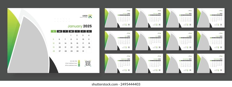 Desk Calendar Template 2025, New Year 2025 table calendar, Minimalist desk calendar 2025 template. Week start on Sunday.