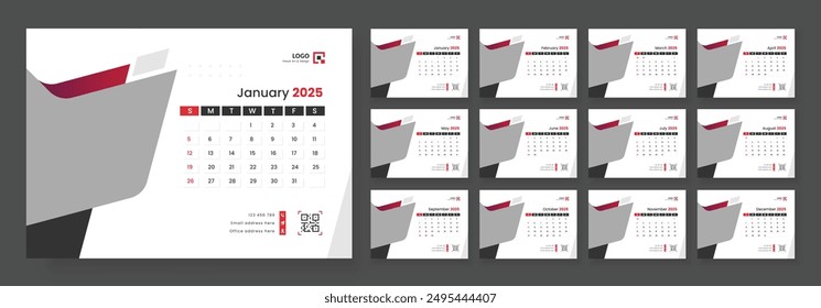 Desk Calendar Template 2025, New Year 2025 table calendar, Minimalist desk calendar 2025 template.