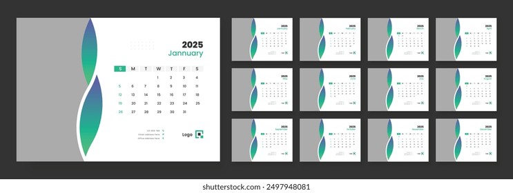 Desk Calendar Template 2025, New Year 2025 table calendar, Minimalist desk calendar 2025 template.