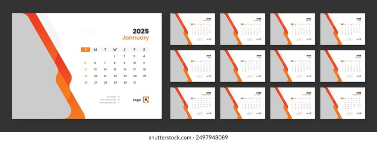 Desk Calendar Template 2025, New Year 2025 table calendar, Minimalist desk calendar 2025 template.