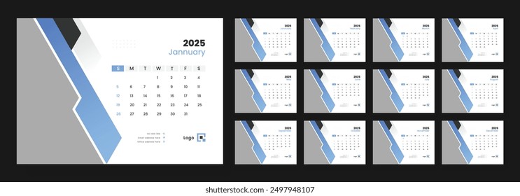 Desk Calendar Template 2025, New Year 2025 table calendar, Minimalist desk calendar 2025 template.