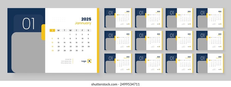 Calendario de escritorio Plantilla 2025, calendario de mesa de año nuevo 2025, la semana comienza el domingo.