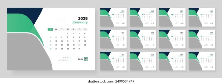 Desk calendar template 2025, new year 2025 table calendar, week starts on sunday.