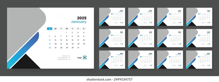 Desk calendar template 2025, new year 2025 table calendar, week starts on sunday.