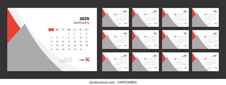 Desk calendar template 2025, new year 2025 table calendar, week starts on sunday.