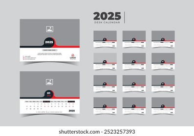 Desk Calendar Template 2025, New Year 2025 Desk calendar, Minimalist Desk calendar 2025 template.  Vector illustration.