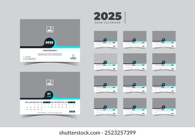 Modelo de calendário de mesa 2025, calendário de mesa de ano novo 2025, modelo de calendário de mesa minimalista 2025.  Ilustração vetorial.