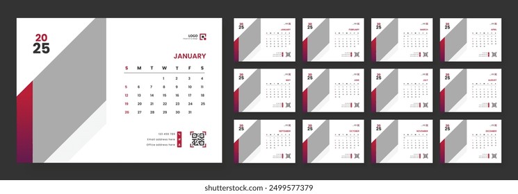 Desk Calendar Template 2025. Week start on Sunday. Minimalist desk calendar 2025 template.