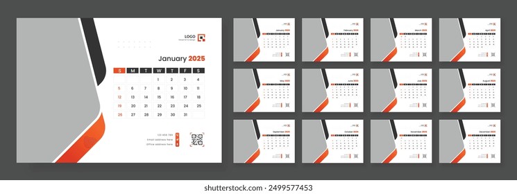 Desk Calendar Template 2025. Week start on Sunday. Minimalist desk calendar 2025 template.