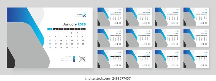 Desk Calendar Template 2025. Week start on Sunday. Minimalist desk calendar 2025 template.