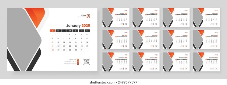 Desk Calendar Template 2025. Week start on Sunday. Minimalist desk calendar 2025 template.