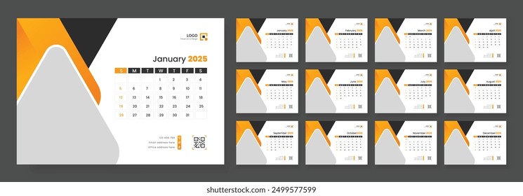 Desk Calendar Template 2025. Week start on Sunday. Minimalist desk calendar 2025 template.