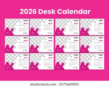 desk Calendar Template 2026 . Corporate and business calendar.  The week starts on Sunday. Set of 12 calendar pages