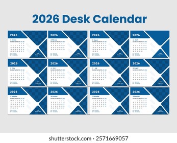 desk Calendar Template 2026 . Corporate and business calendar.  The week starts on Sunday. Set of 12 calendar pages