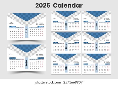 desk Calendar Template 2026 . Corporate and business calendar.  The week starts on Sunday. Set of 6 calendar pages.