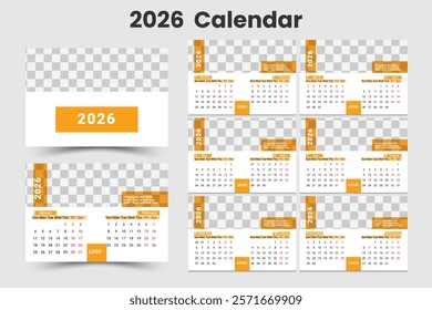 desk Calendar Template 2026 . Corporate and business calendar.  The week starts on Sunday. Set of 6 calendar pages.