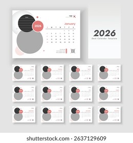 Desk Calendar Template 2026, Minimalist desk calendar 2026 template, New Year 2026 table calendar, Week start on Sunday.