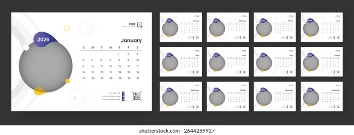Modelo de Calendário de Mesa 2026. Modelo minimalista do calendário de mesa 2026. Calendário de mesa com início de semana domingo para impressão.