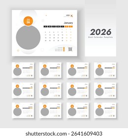 Desk Calendar Template 2026. New Year 2026 table calendar. Template for annual calendar 2026. Week start on Sunday. Minimalist desk calendar 2026 template.
