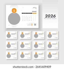 Desk Calendar Template 2026. New Year 2026 table calendar. Template for annual calendar 2026. Week start on Sunday. Minimalist desk calendar 2026 template.