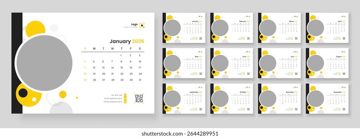 Desk Calendar Template 2026, New Year 2026 table calendar, Minimalist desk calendar 2026 template. Week start on Sunday. 