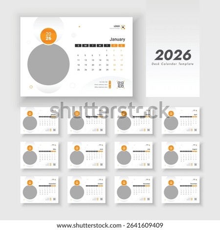 Desk Calendar Template 2026. New Year 2026 table calendar. Template for annual calendar 2026. Week start on Sunday. Minimalist desk calendar 2026 template.