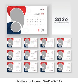 Desk Calendar Template 2026. Calendar 2026 planner corporate template design set. template for annual calendar 2026. Week start on Sunday.